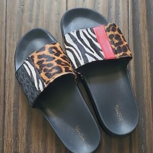 Michael Kors Black and Red Animal Print Slides, Calf Skin Sz 11